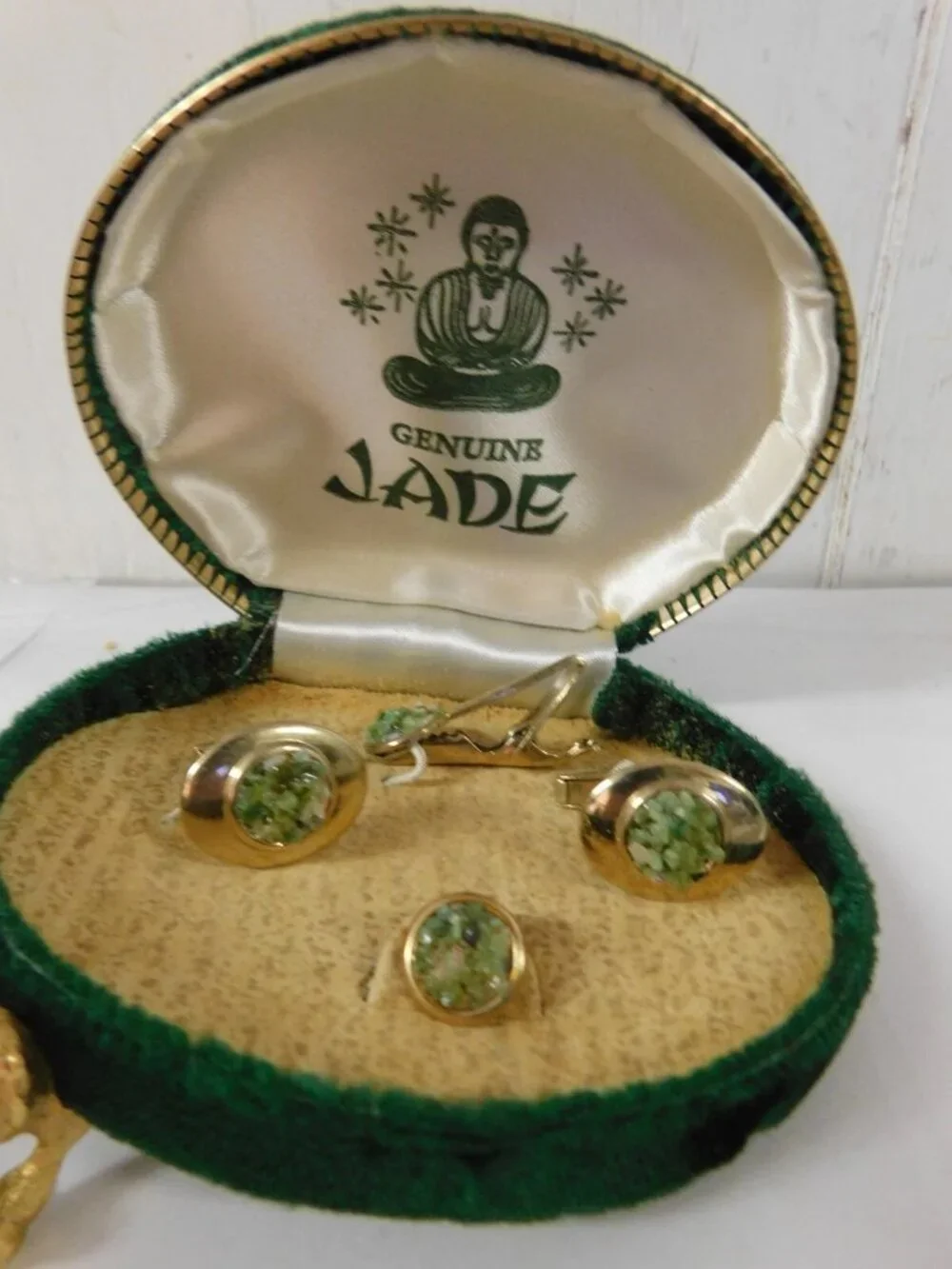 Vintage Druzy Style Jade Cufflinks , Tie Clasp and Tie Pin Set
